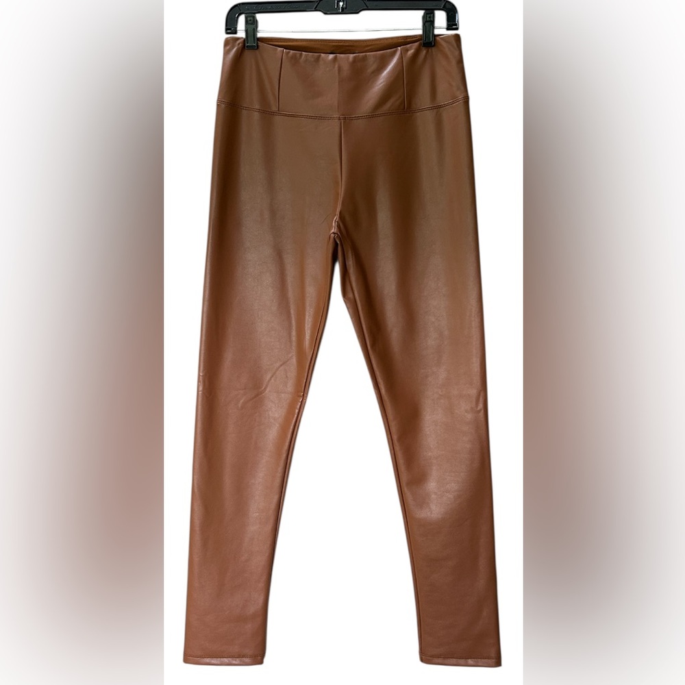 NWT Shinestar Tummy Tucker High Waist Faux Leather Leggings Camel Size L - Picture 2 of 12